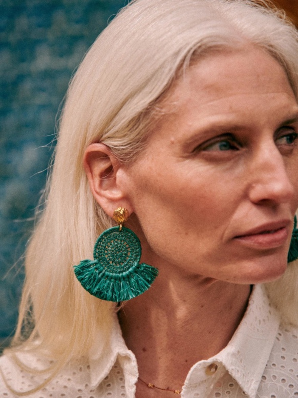 Sezane Ana Green Raffia Tassel Earrings